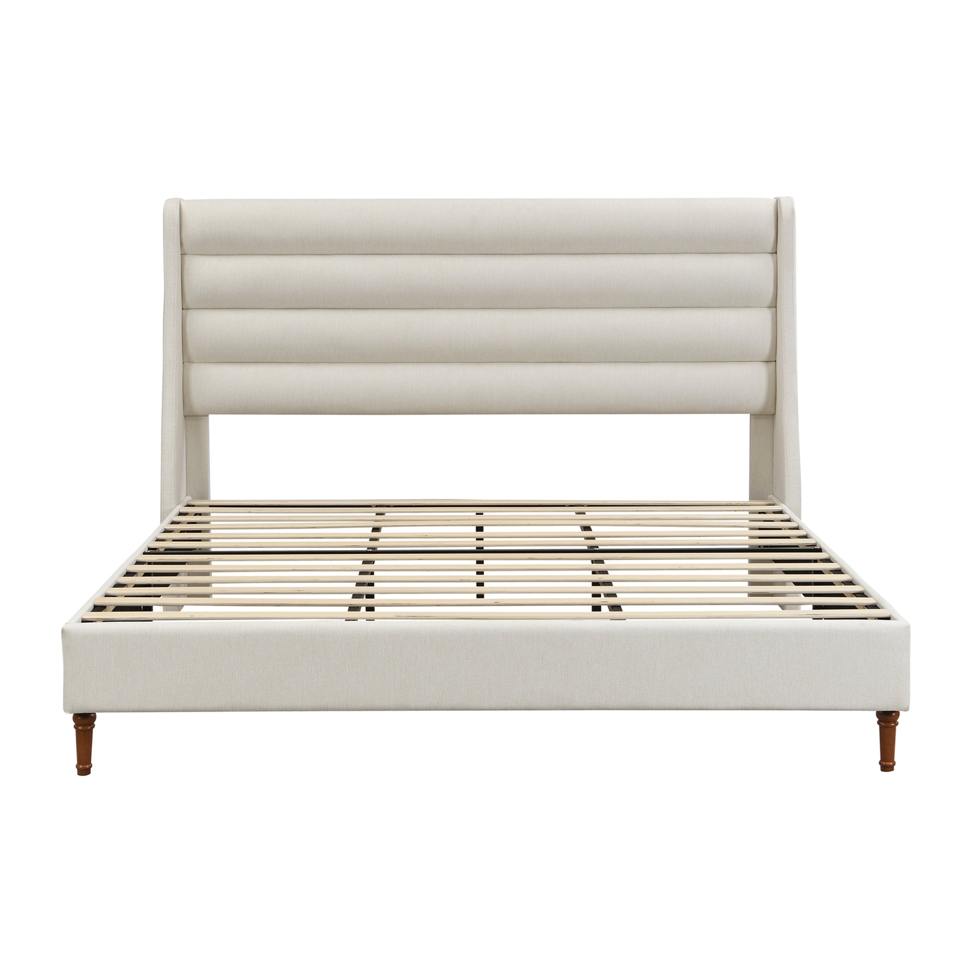 King Size Bed Frame High Headboard Upholstered Platform Bed with Wave - Shaped Headboard, Premium Chenille Fabric, Modern Minimalist Platform Bed No Box Spring Needed, Easy Assembly, Ivory image 11