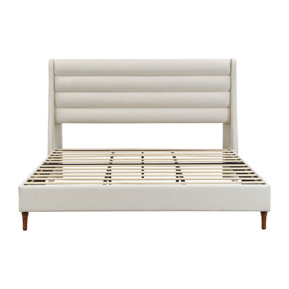 King Size Bed Frame High Headboard Upholstered Platform Bed with Wave - Shaped Headboard, Premium Chenille Fabric, Modern Minimalist Platform Bed No Box Spring Needed, Easy Assembly, Ivory image 11