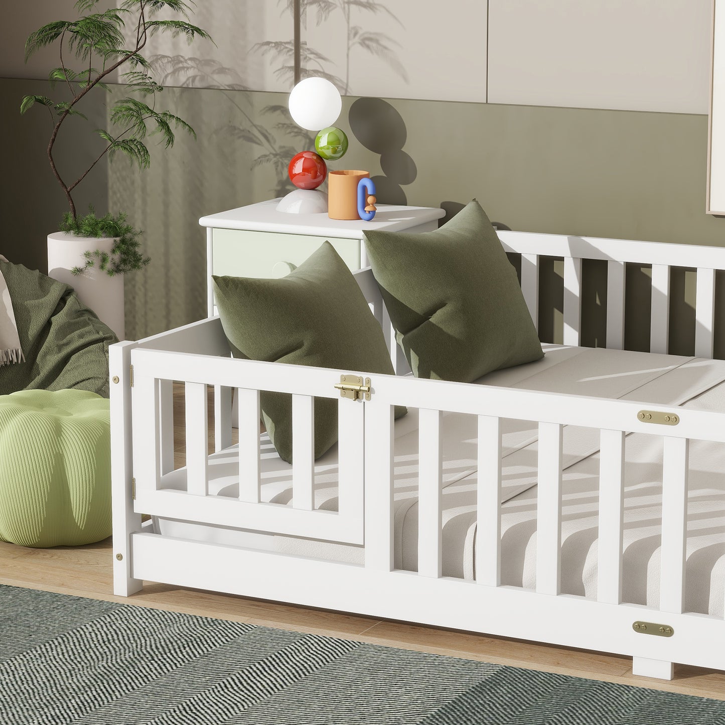 Queen Size Floor Bed with Fence,Door,Rubber Wood Floor Bed with Safety Guardrails,White image 5