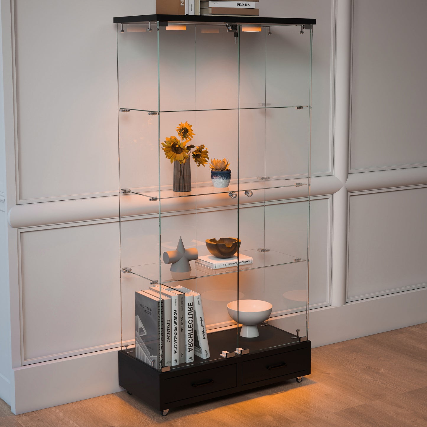 Modern Glass Display Cabinet with 2 Large Drawers, Quick-assembly Antique Cabinet with LED lights, Tempered Glass Bookshelf, 2-Door Storage Case with 4 Shelves for Living Room and Bedroom, black image 5