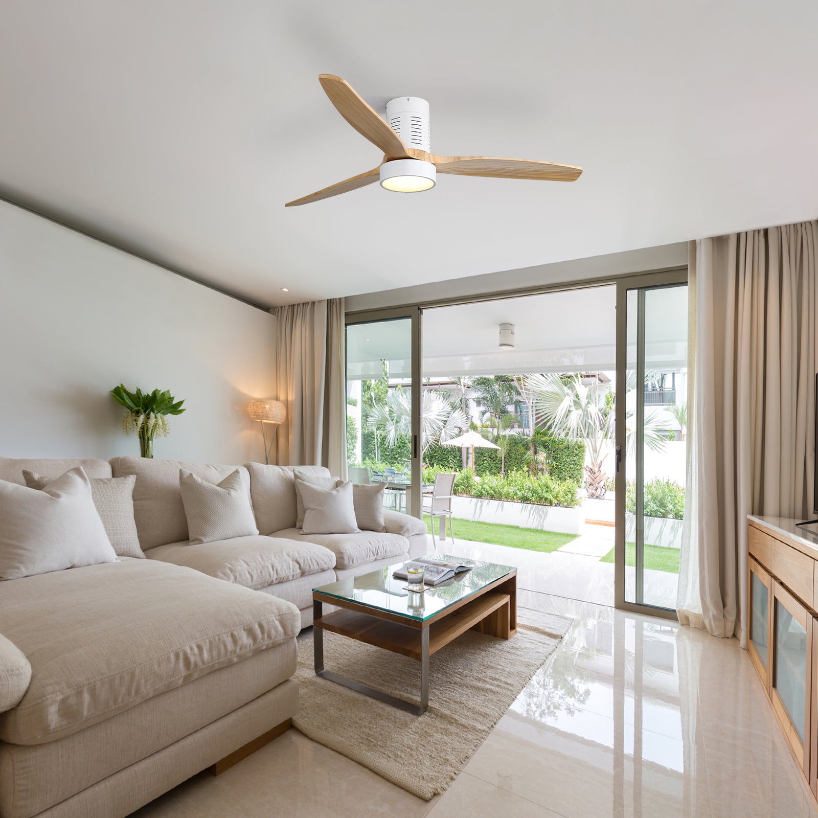 52 Inch Indoor Flush Mount Ceiling Fan with LED Light and Remote Control image 2