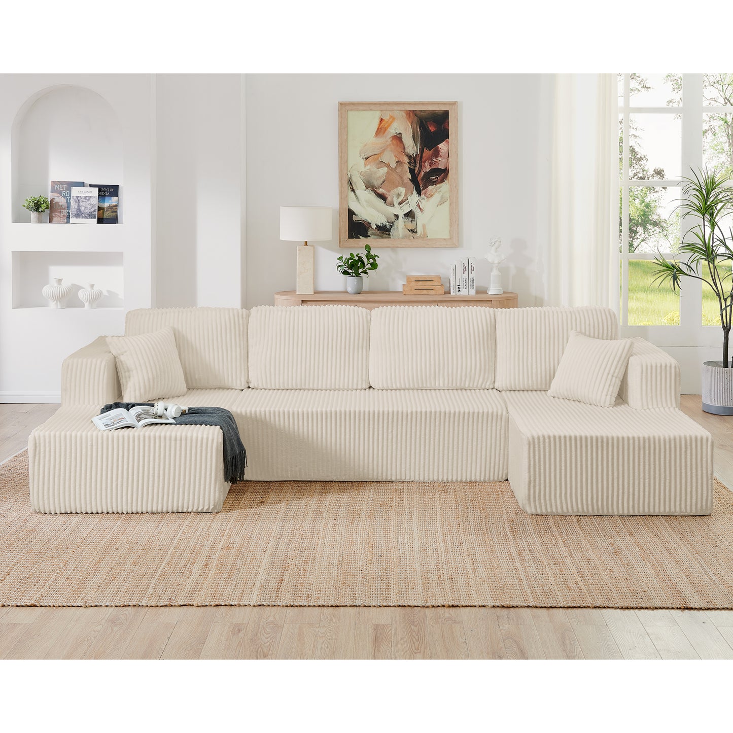 U shape Modular Sectional Sofa, Compressed Sectional Sofa Modern Minimalist Style Corduroy Couch, Sleeper Sofa for Living Room, Bedroom, Comfy Compressed Sofa Couch Space-Efficient Design-beige image 3
