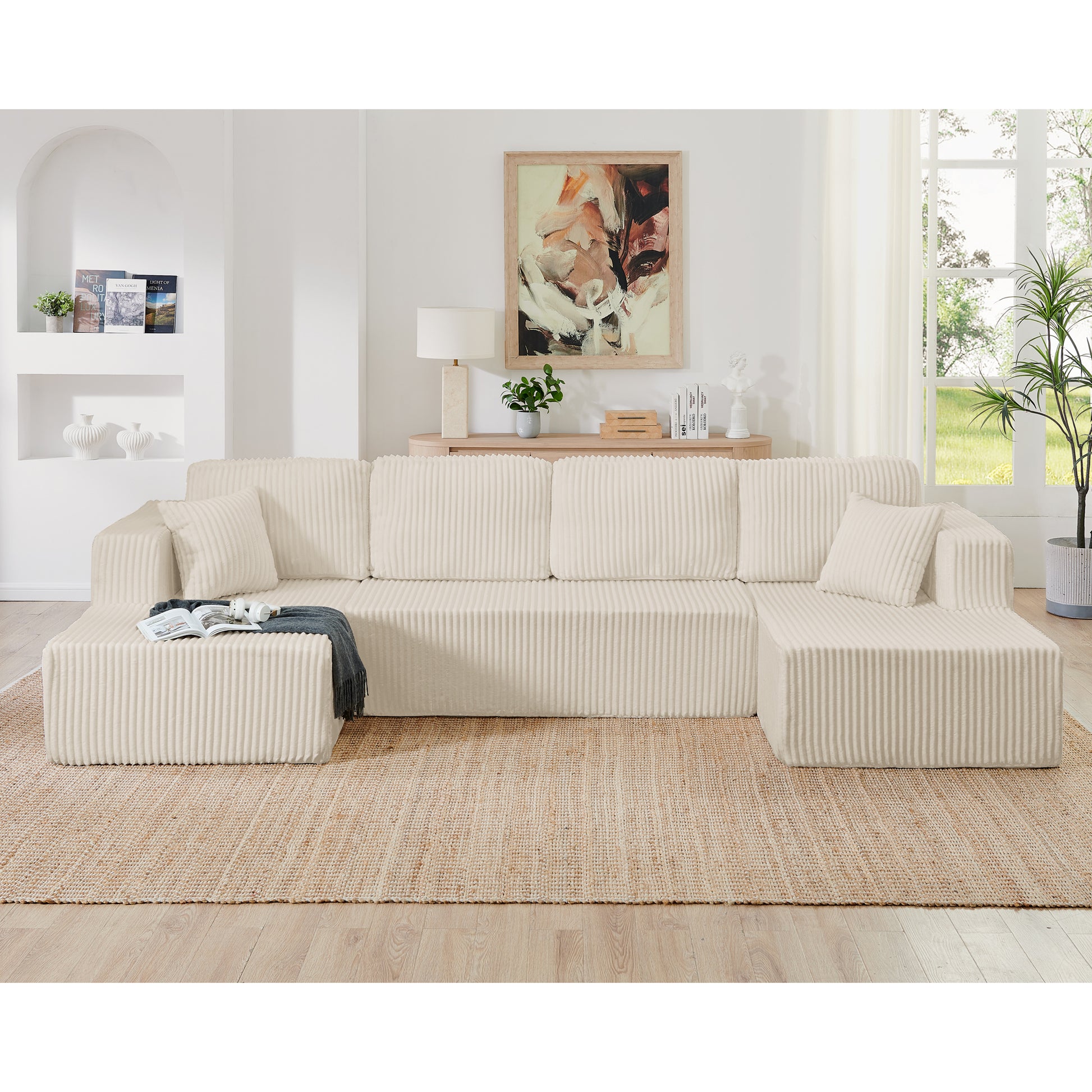 U shape Modular Sectional Sofa, Compressed Sectional Sofa Modern Minimalist Style Corduroy Couch, Sleeper Sofa for Living Room, Bedroom, Comfy Compressed Sofa Couch Space-Efficient Design-beige image 3