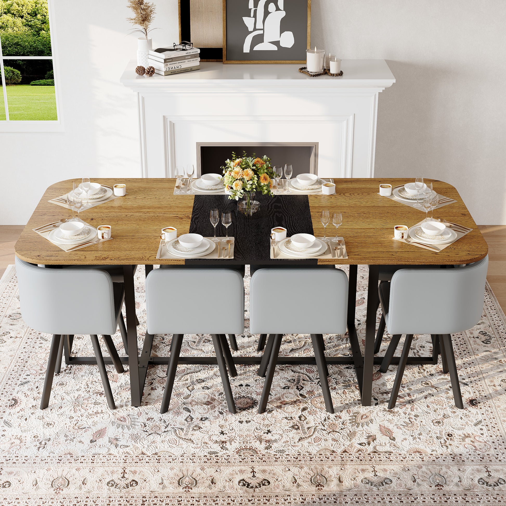 9-Piece Square Dining Table Set, Fixed Two-Tone Wood Grain & Black Wood Grain Triamine Tabletop with 8 Gray PU Leather Chairs, Modern Kitchen Table Set for 8 People, Ideal for Family Gatherings image 3