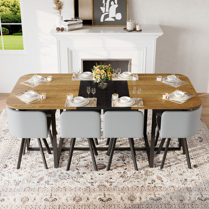 9-Piece Square Dining Table Set, Fixed Two-Tone Wood Grain & Black Wood Grain Triamine Tabletop with 8 Gray PU Leather Chairs, Modern Kitchen Table Set for 8 People, Ideal for Family Gatherings image 3