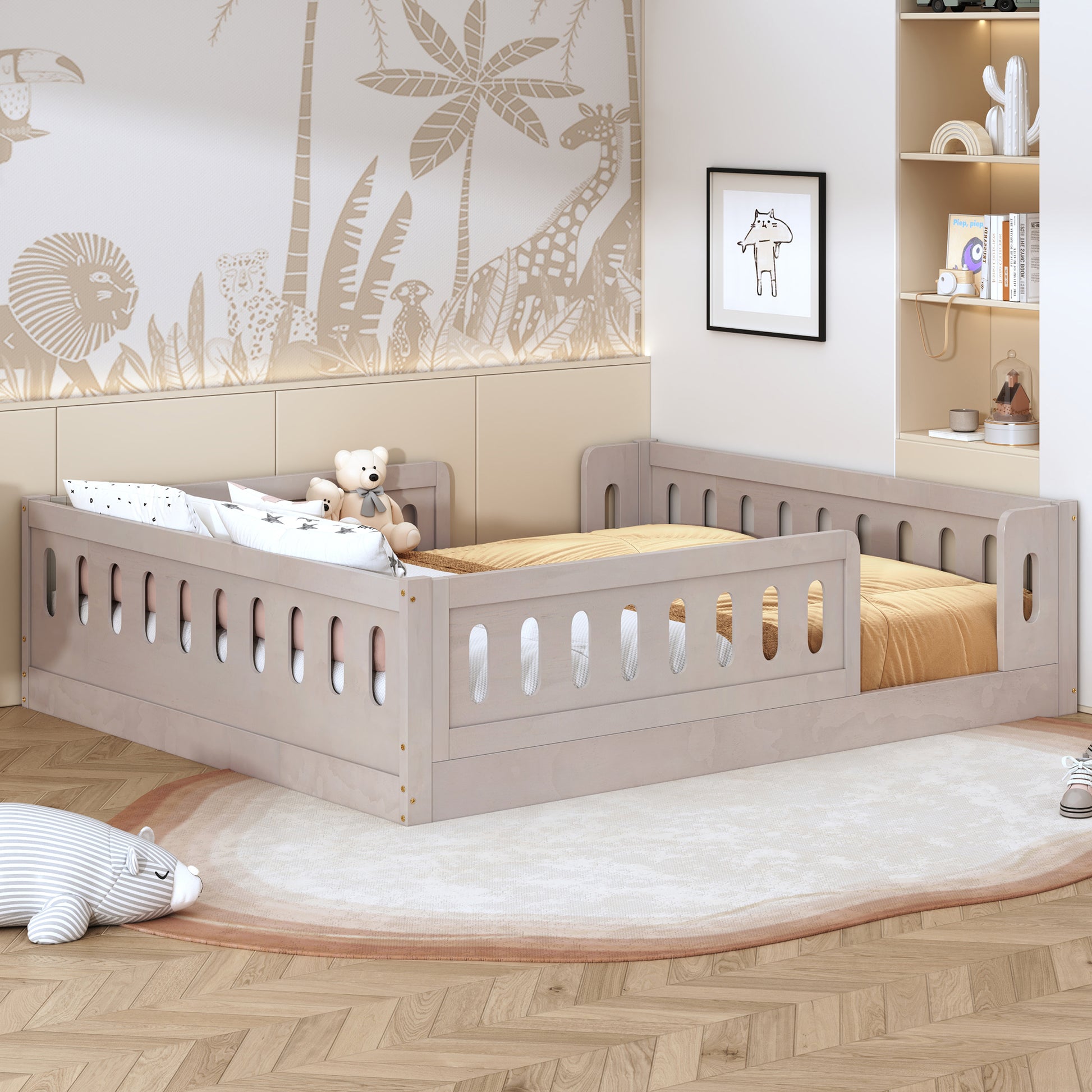 Wood Full Size Platform Bed with Guardrail, Natural image 1