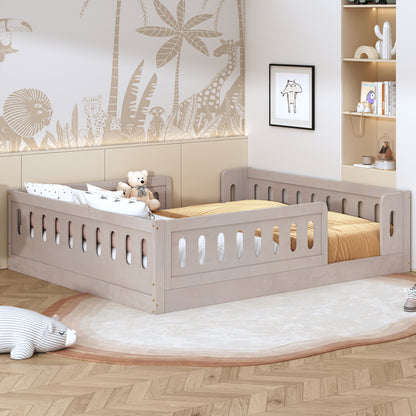 Wood Full Size Platform Bed with Guardrail, Natural image 1