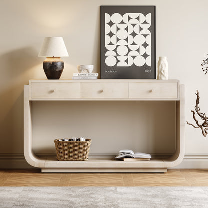 Antique-Style Console Table, 3 Storage Drawers, Display Shelf, Curved Legs, Paulownia Veneer, Entryway/Hallway/Living Room, Beige image 1