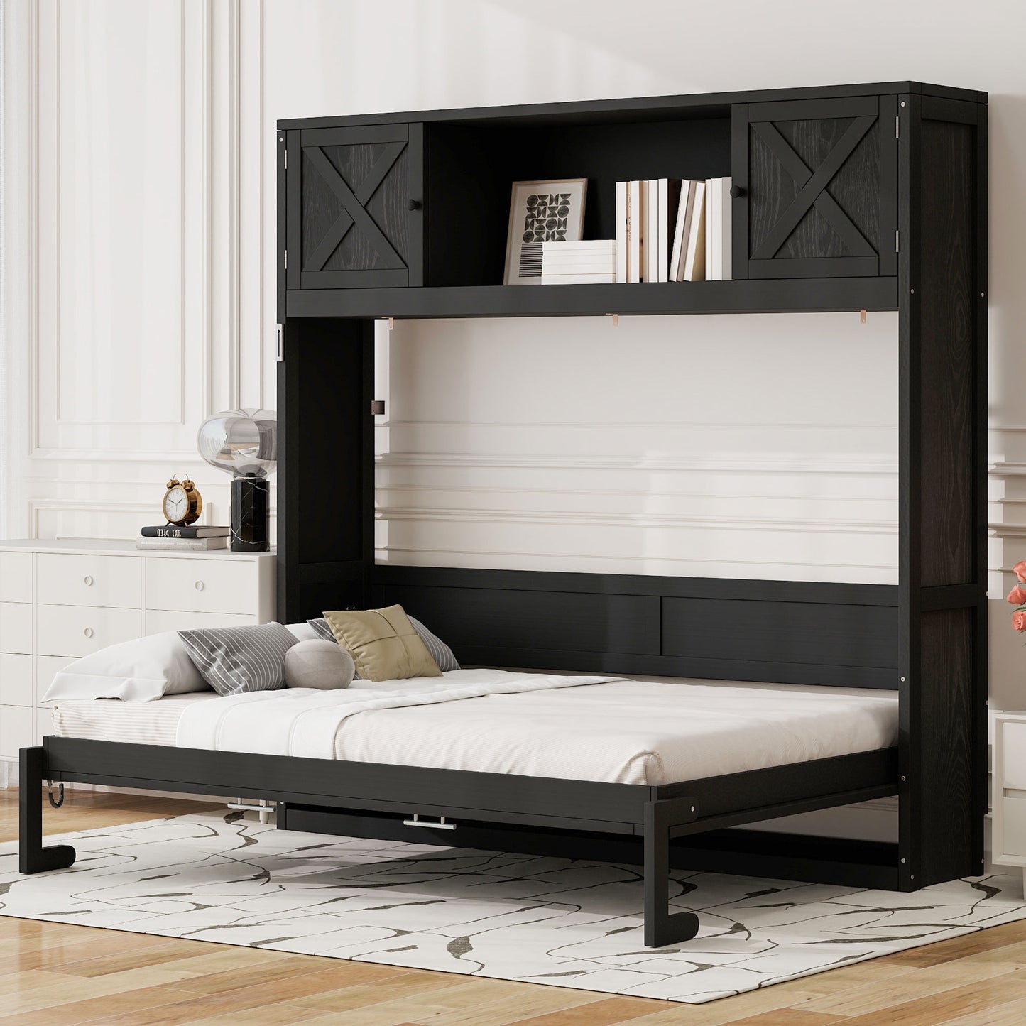 Full Size Murphy Bed with Storage Cabinets, Black image 1