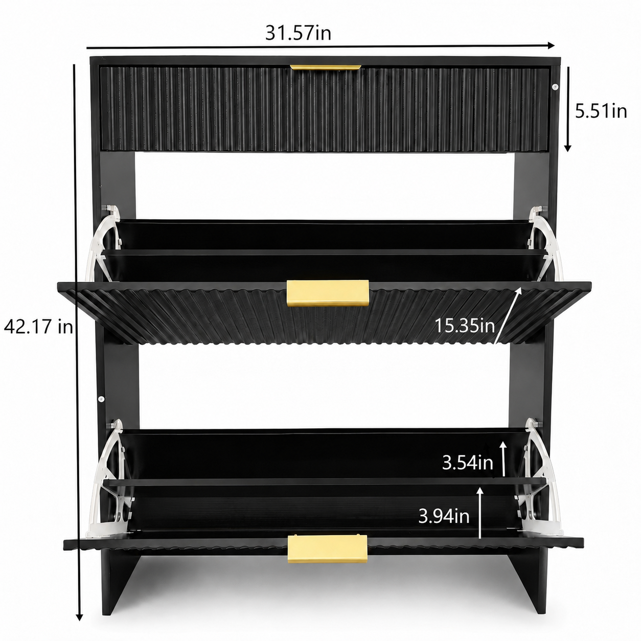 Narrow Fluted Shoe Storage Cabinet for Entryway, Freestanding Drawer Shoe Rack with Gold Pull Handles, Modern Slim Shoe Organizer Cabinet for Hallway Bedroom Closet, Black image 7