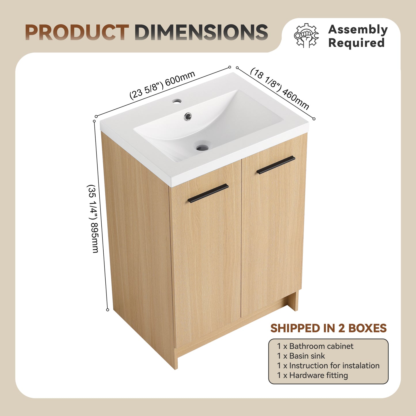 24" Freestanding Bathroom Vanity with Resin Sink, Light Oak, Double Door Storage, KD (Ready-to-Assemble), Includes Black & Brushed Aluminum Handles image 8