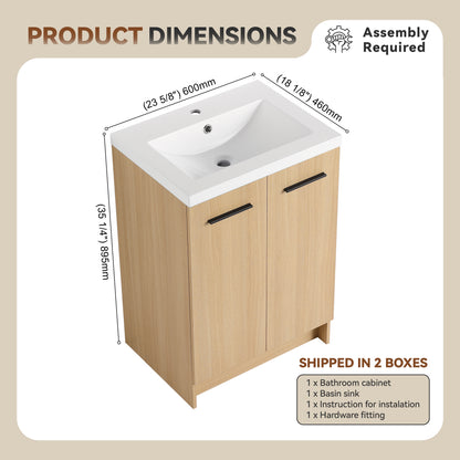 24" Freestanding Bathroom Vanity with Resin Sink, Light Oak, Double Door Storage, KD (Ready-to-Assemble), Includes Black & Brushed Aluminum Handles image 8