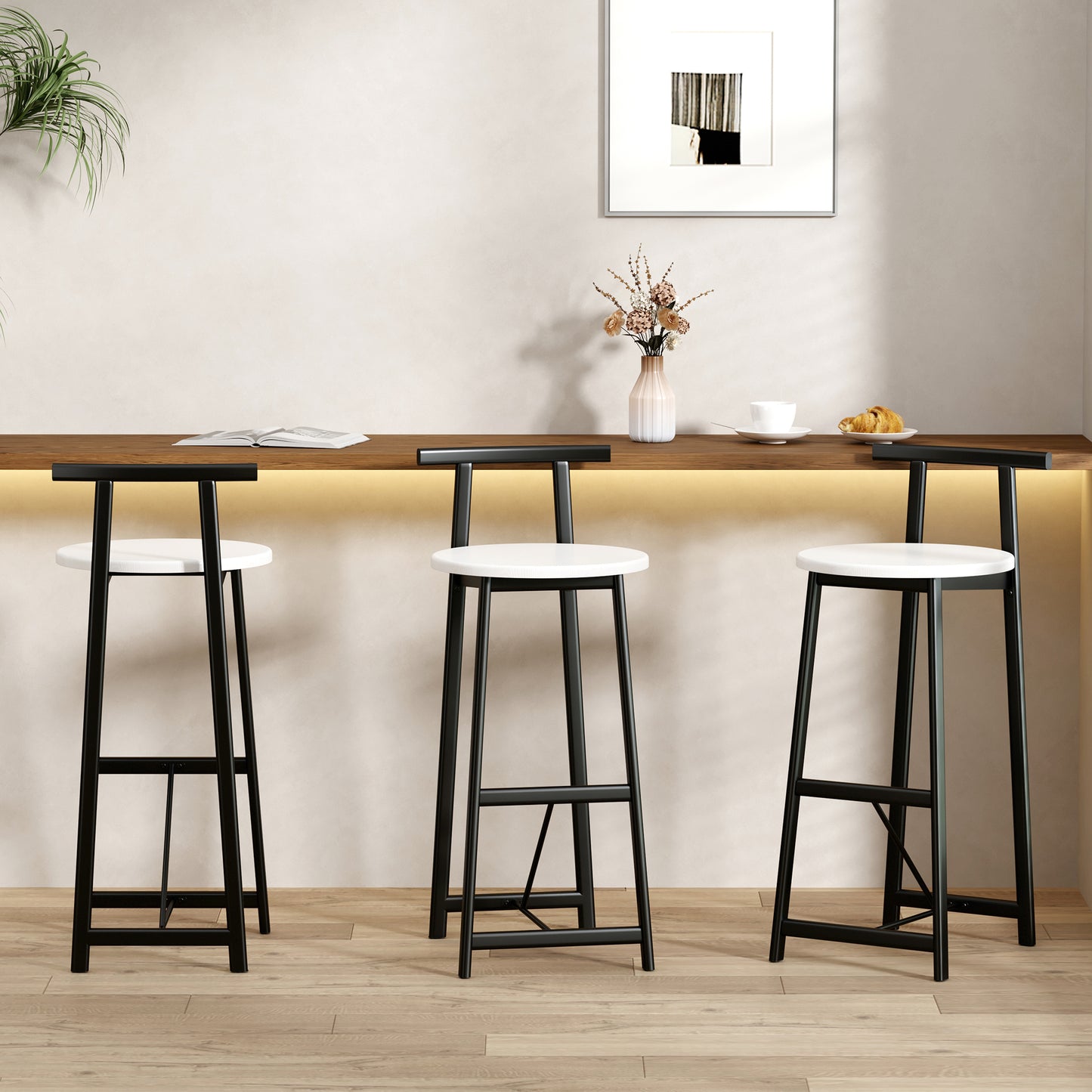 Bar Stools Kitchen Island Bar Chairs Set of 3 Metal Counter Barstools with Backrest for Dining Pub Room (Black & White) image 1