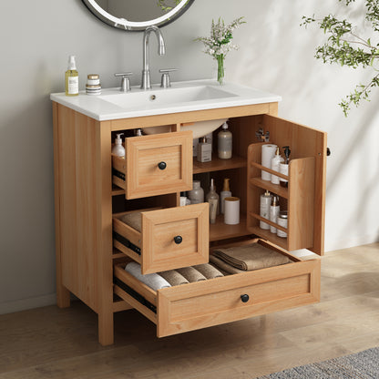 [Video] 30" Wood Grain Bathroom Vanity with Ceramic Sink, Solid Wood Legs, Adjustable Shelf & Full Soft-Close Drawers & Door, Storage Rack, Open Back Design image 1