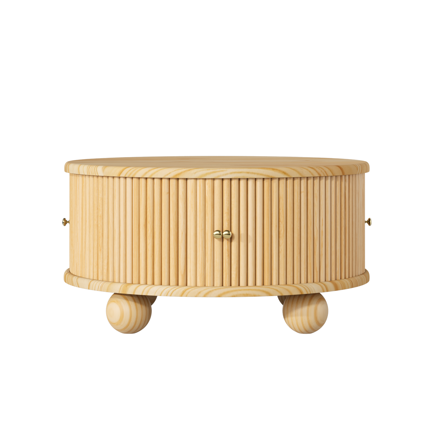 Round Fluted Coffee Table with Storage, Pine Solid Wood, Sliding Door, Natural, 31.8" image 8