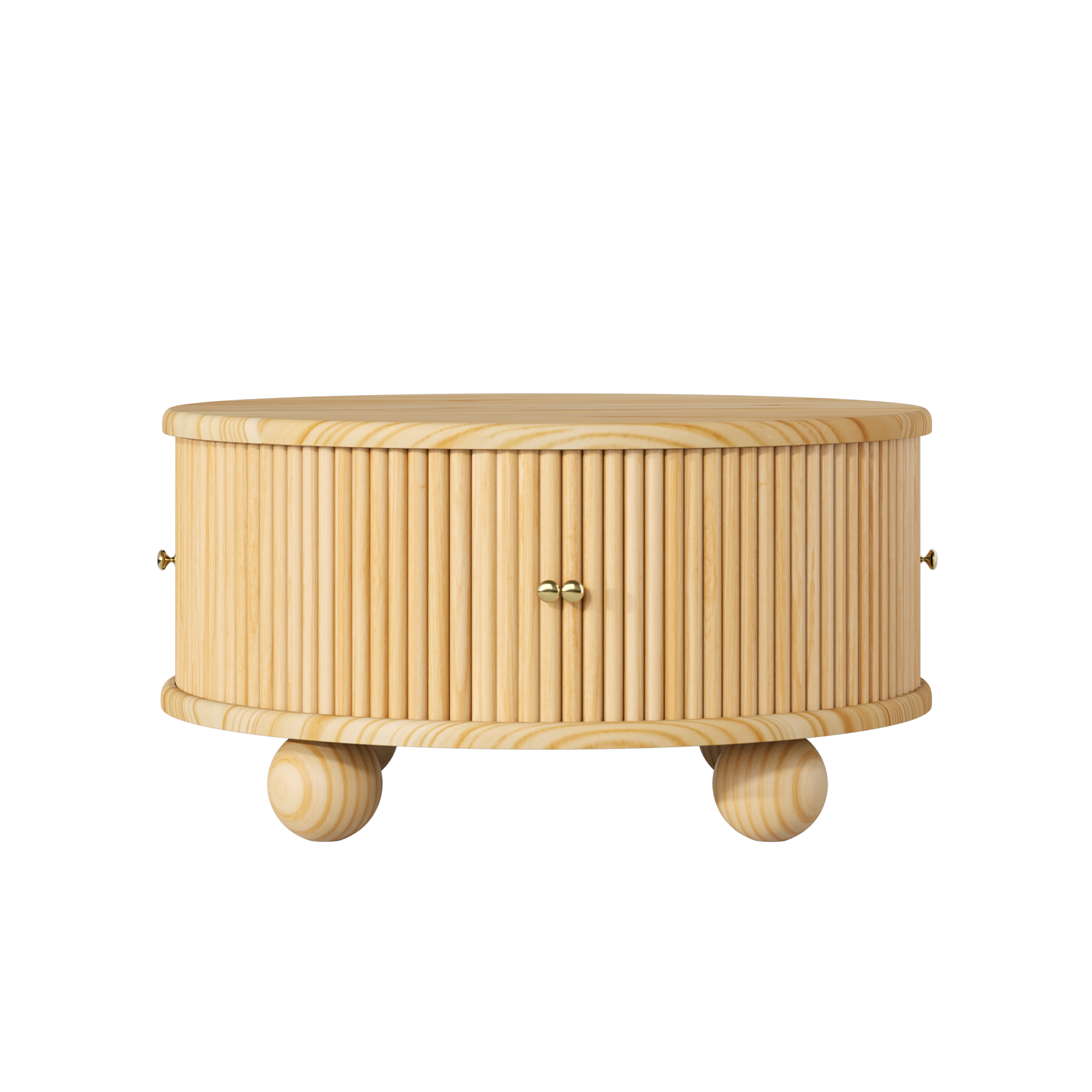 Round Fluted Coffee Table with Storage, Pine Solid Wood, Sliding Door, Natural, 31.8" image 8