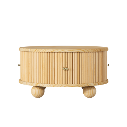 Round Fluted Coffee Table with Storage, Pine Solid Wood, Sliding Door, Natural, 31.8" image 8