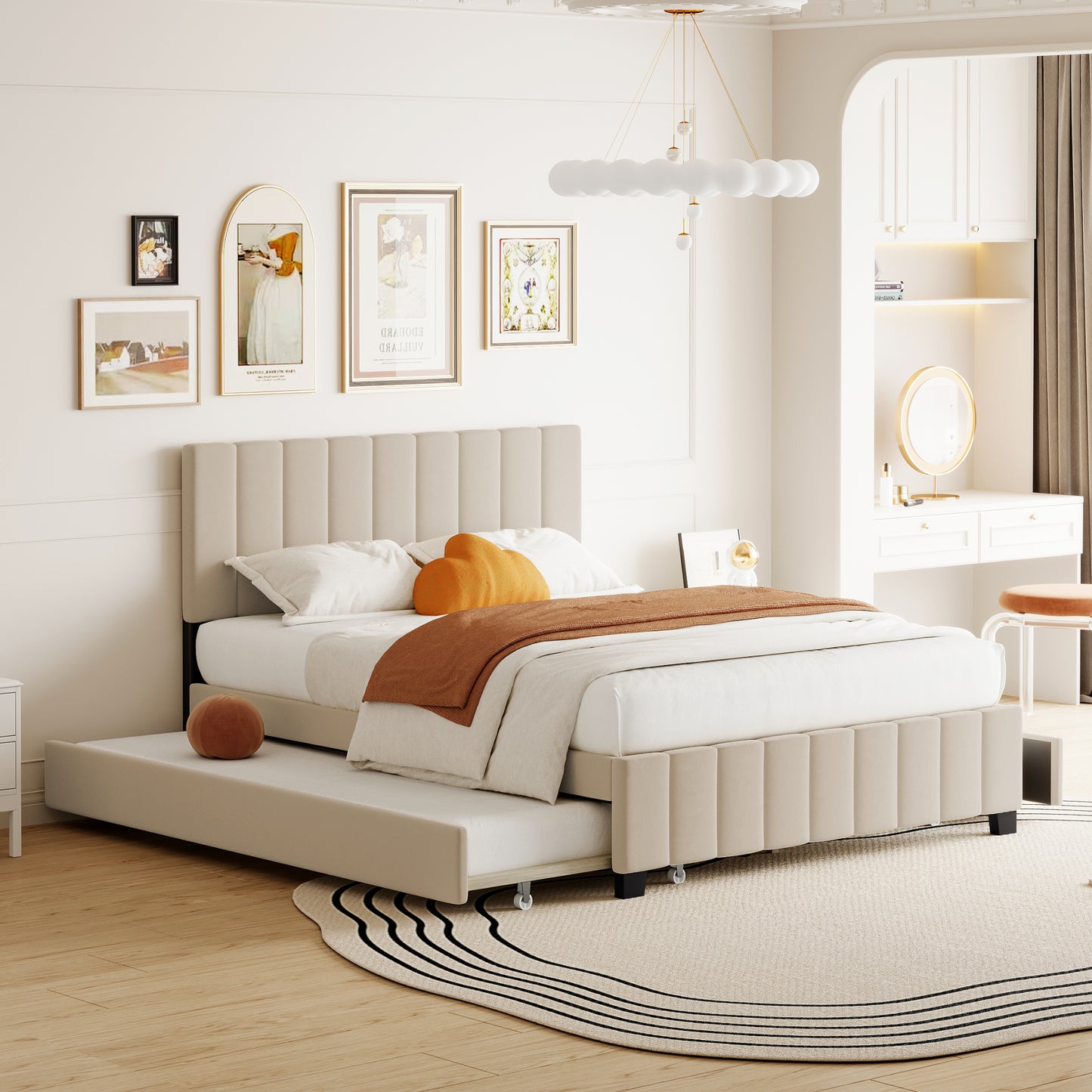 Queen Size Velvet Upholstered Platform Bed with 2 Drawers and 1 Twin XL Trundle- Beige image 1