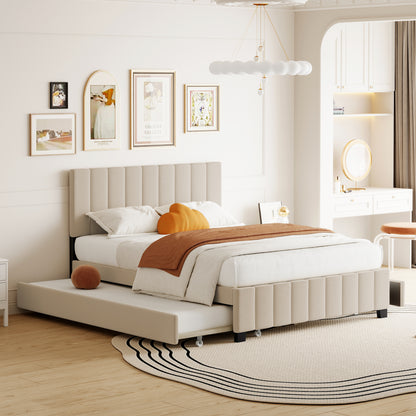 Queen Size Velvet Upholstered Platform Bed with 2 Drawers and 1 Twin XL Trundle- Beige image 1