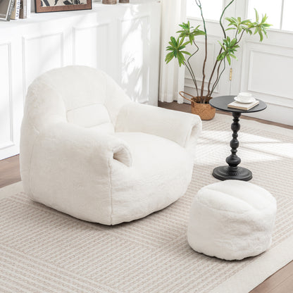 Bean Bag Chair, Comfy Bean Bag Sofa with Back Support, With Footstool,Faux Fur Bean Bag Chair for Adults and Kids, Stuffed Floor Sofa for Living Room, Bedroom, Apartment, White image 4