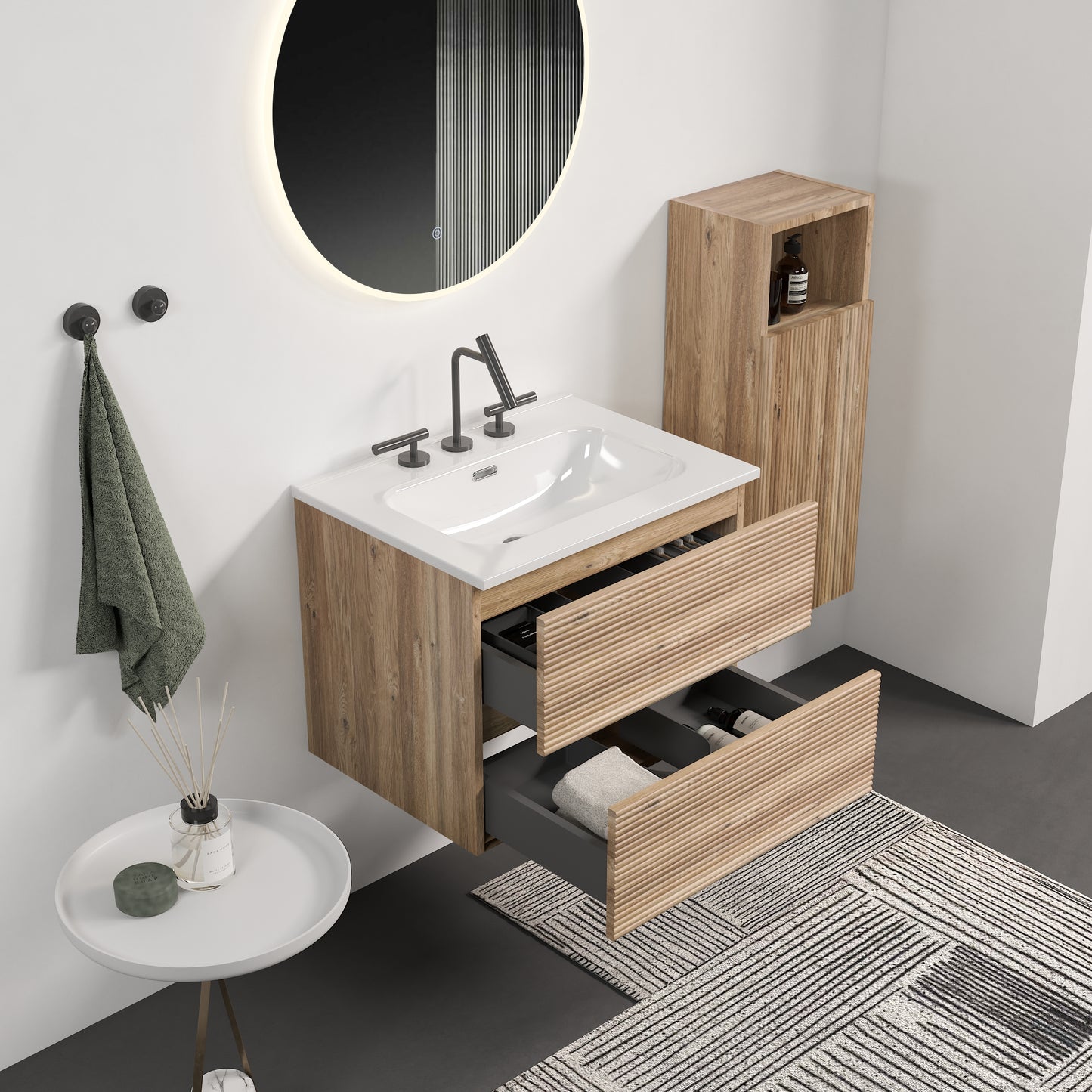 Gloria 24" Wall Mounted Rough Oak&Rough Oak Bathroom Vanity with Integrated Ceramic Sink with 3 holes, Overflow, Large Storage Floating Bathroom Vanity for Modern Bathroom, KD image 2