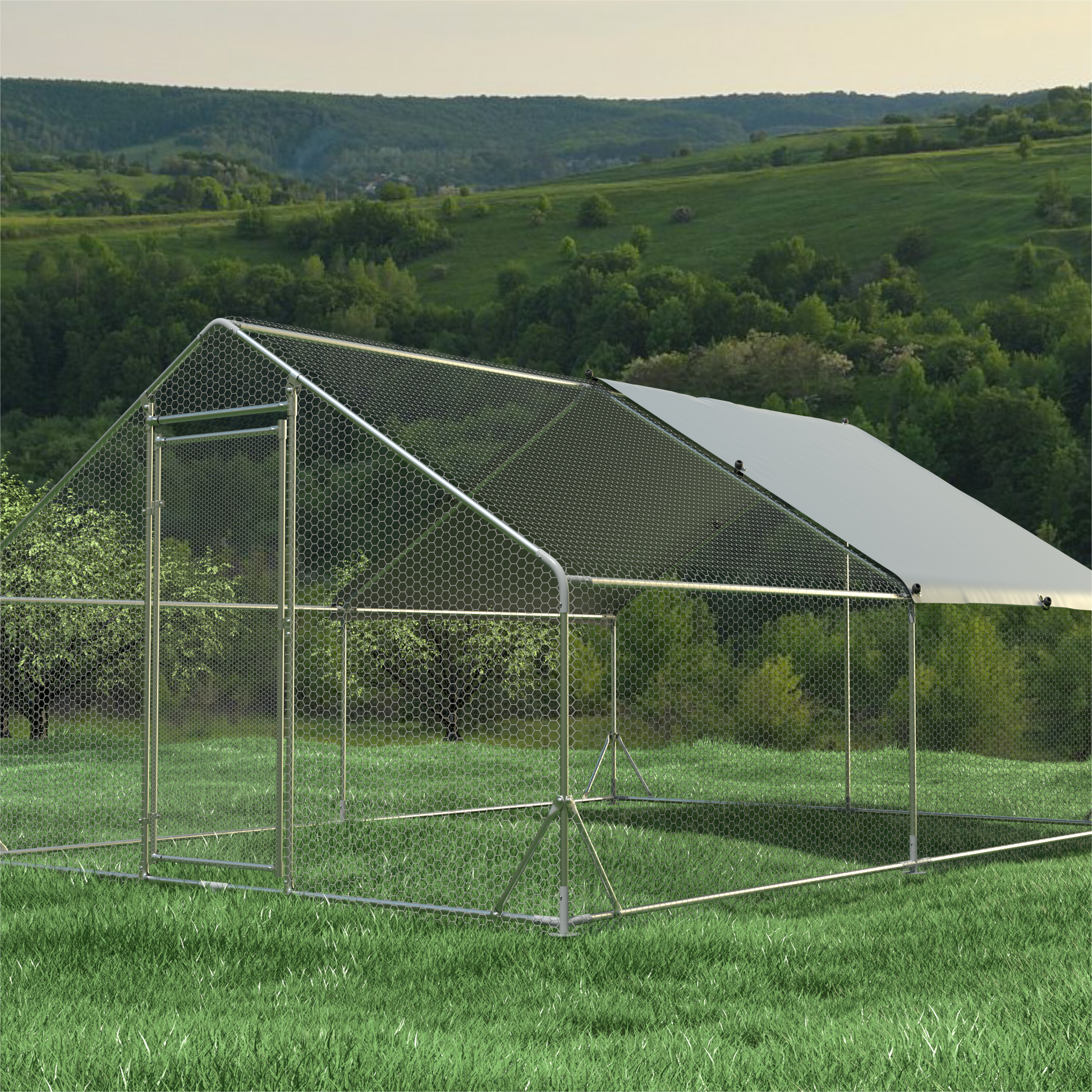 Large Metal Chicken Coop Walk-in Poultry Cage Hen Run House Rabbits Habitat Cage Spire Shaped Coop with Waterproof and Anti-Ultraviolet Cover (13.1' L x 9.8' W x 6.4' H) image 3