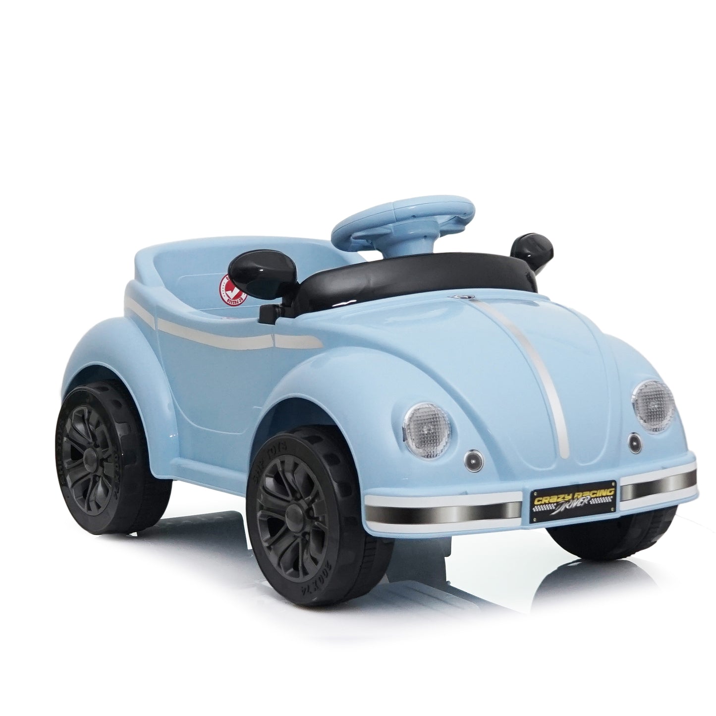 Close up of multifunctional steering wheel with buttons on kids ride on car