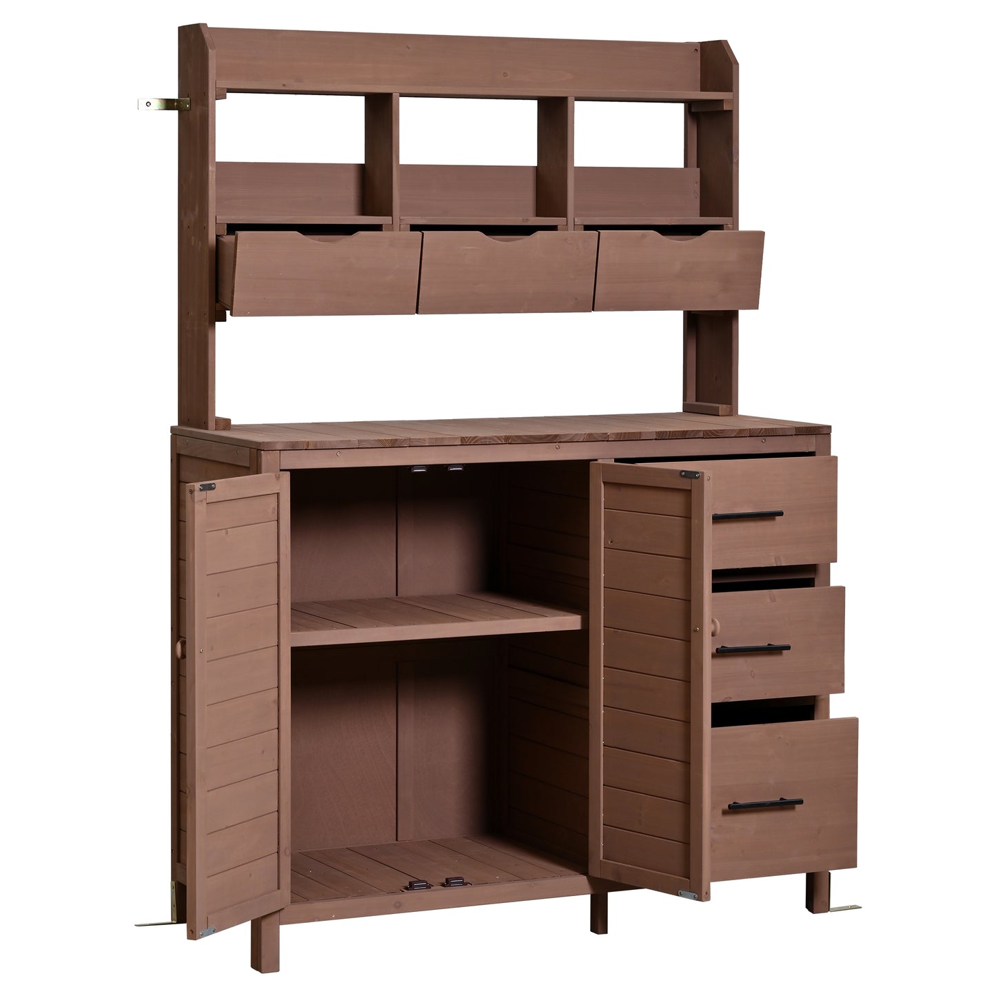 (With Assembly Video) TOPMAX Farmhouse Patio Potting Bench, 44.6''x19.5'' Large Freestanding Garden Workstation with 6 Drawers, Bottom Cabinet and Side Hook, Outdoor Kitchen Island, Brown image 10