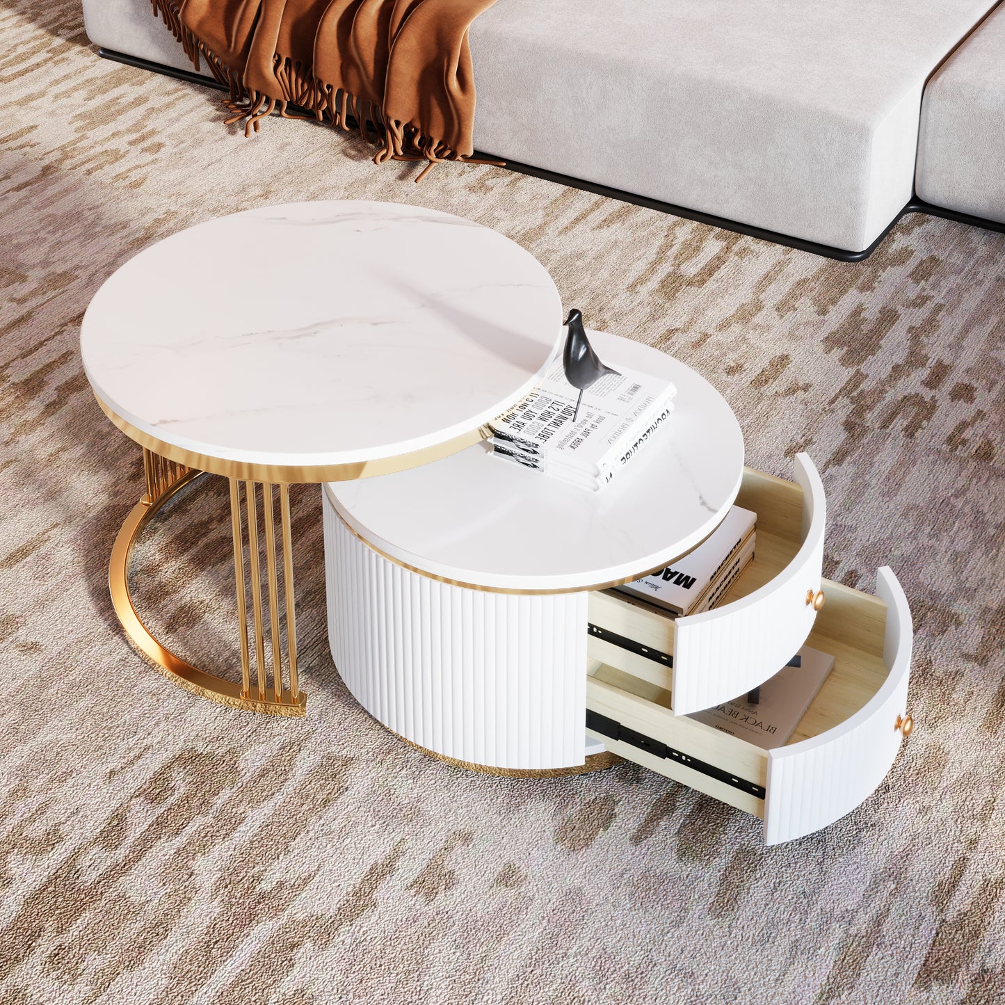 Modern 2 Pieces White Round Nesting Coffee Table with Drawers in 27.6'' image 3