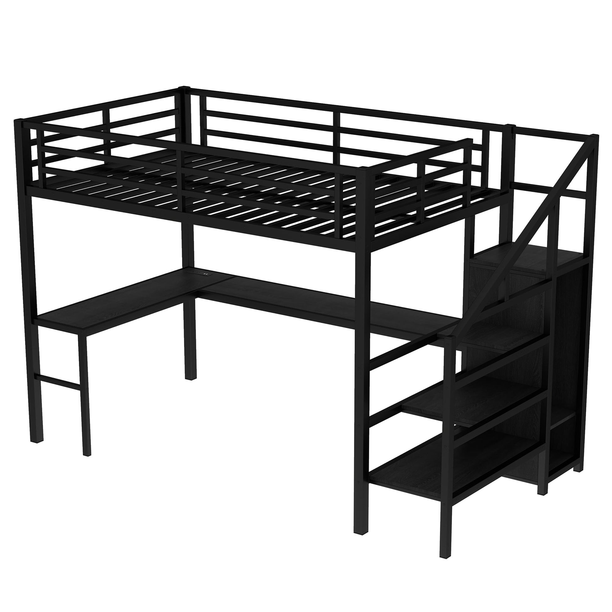 Full Size Loft Bed with L-shaped Desk and USB, Metal Loft Bed with Wardrobe and Adjustable Shelf, High Loft Bed with LED for Kids Teens Adults, Black image 8