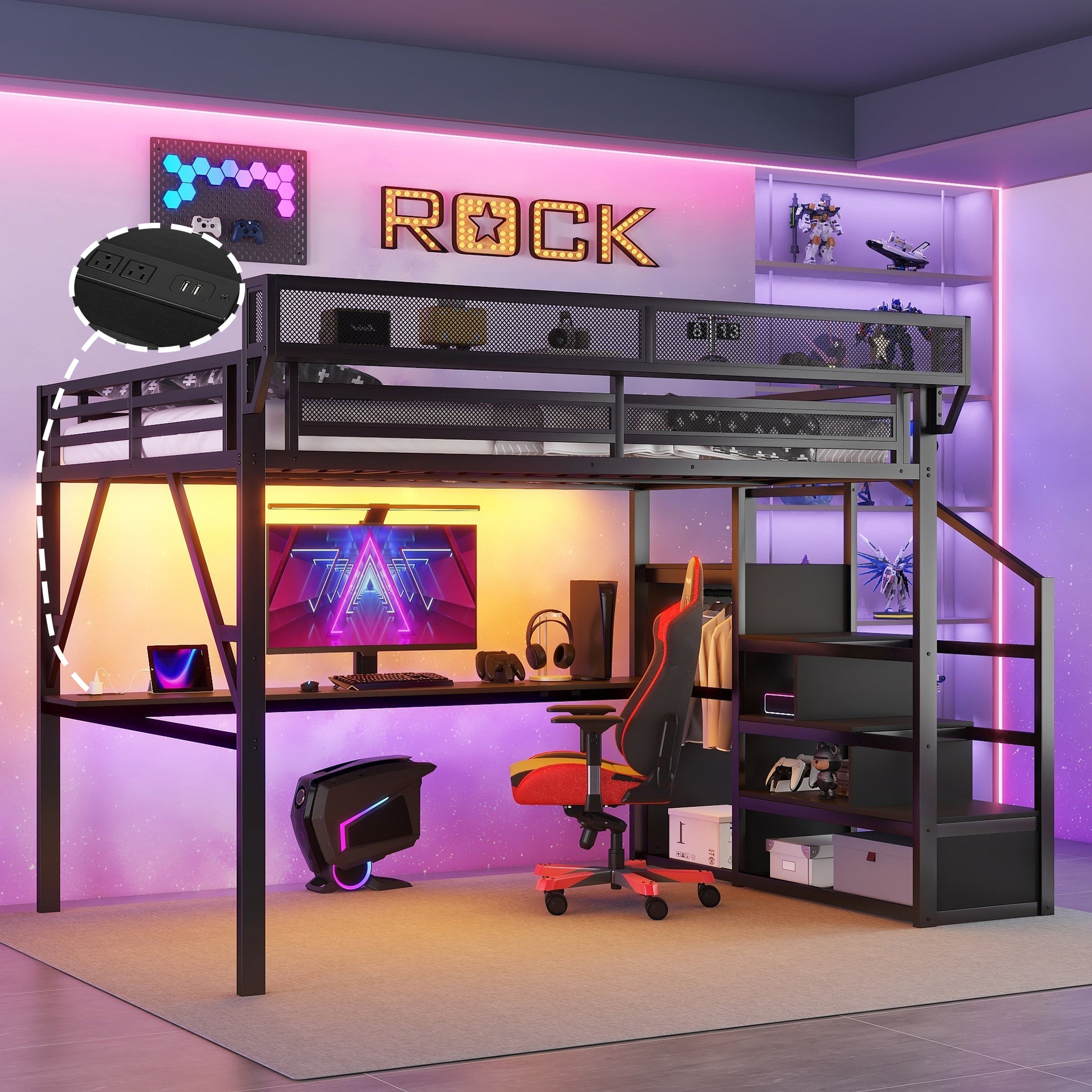 Full Loft Bed with Desk and Charging Station, Full Size Metal Loft Bed with Stairs and Light for Kids Teens, Black image 1