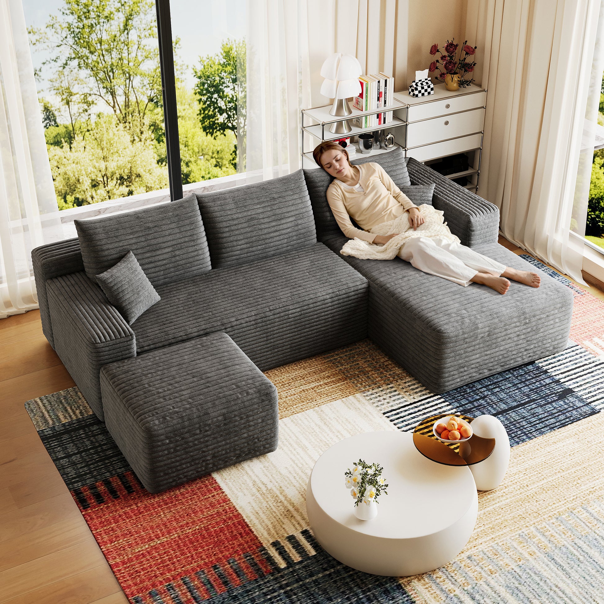 95" Cloud Sectional Sofa with 1 Ottoman,Modern Minimalist Upholstered Couches, Comfort U Shaped Sofa for Living Room,Deep Seat Corner Couch,No Assembly Required,Dark Grey((Plush Corduroy Fabric) image 4
