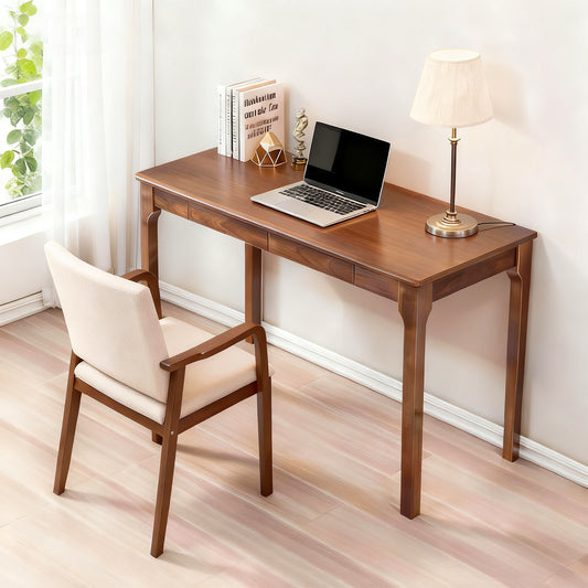 Solid Wood Desk with Drawers, Standing Desk with Smooth Edges, Home Office Desk for Small Spaces, Mid Century Modern Desk for Study, Bedroom, Living Room, Office, (Walnut, 47.24''*21.65''*29.53'') image 1