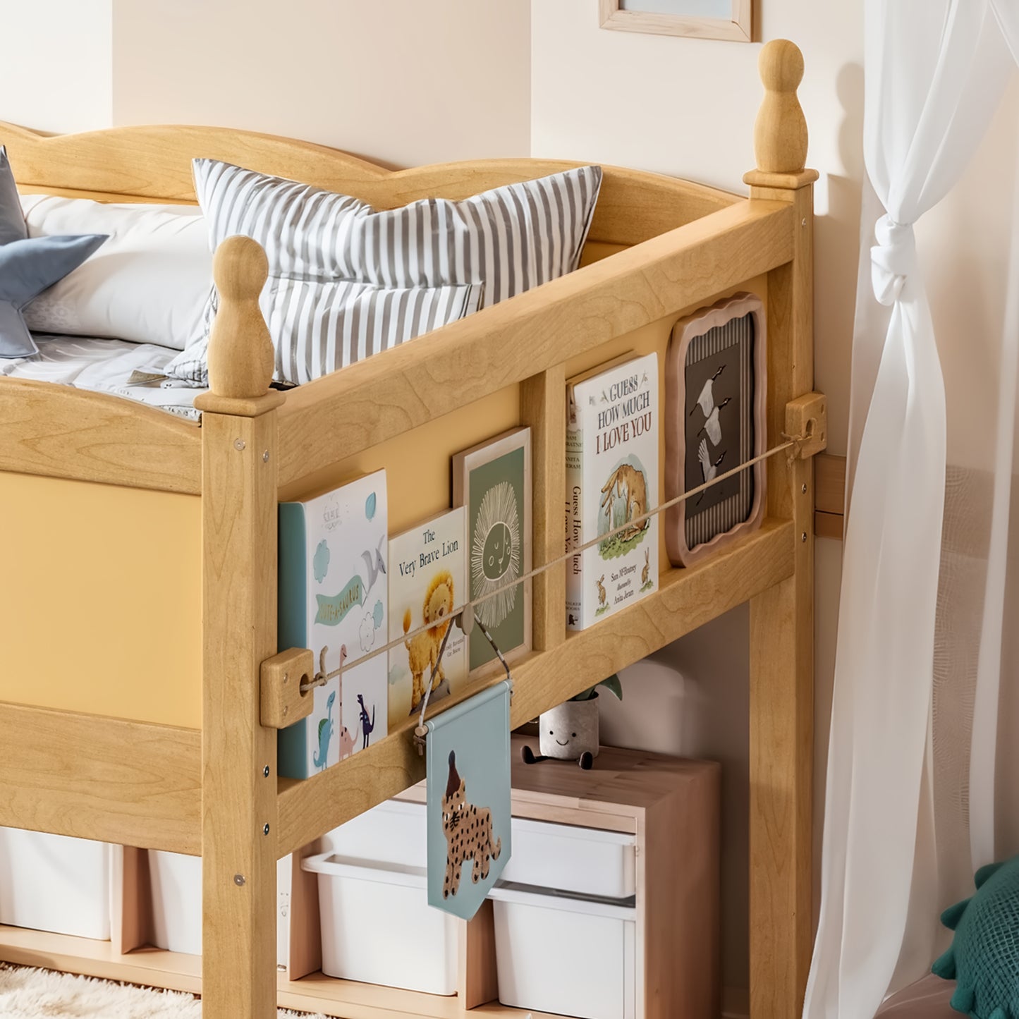 Full Size Loft Bed with Full-Length Guardrails, Solid Wood Low Loft Bed with Ladders and Beside Book Shelf, Chic Shape and Low Profile Design, Natural image 6