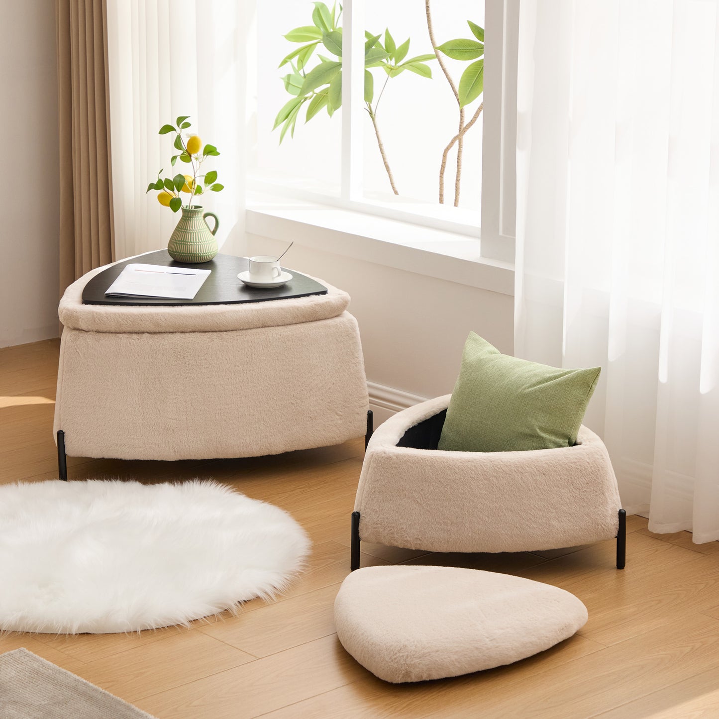 29.9"Wide 2 - Piece Upholstered Storage Ottoman Set Footrest Shoe Changing Stool with Metal Legs,Faux Fur Foot Stool Coffee Side Table With Reversible Lid for Living Room Bedroom Entryway. Light Camel image 4