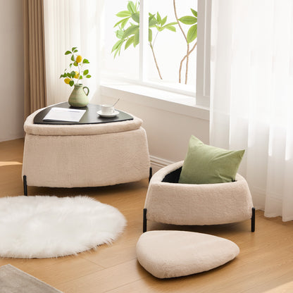 29.9"Wide 2 - Piece Upholstered Storage Ottoman Set Footrest Shoe Changing Stool with Metal Legs,Faux Fur Foot Stool Coffee Side Table With Reversible Lid for Living Room Bedroom Entryway. Light Camel image 4