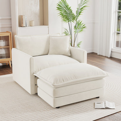 Modern Accent Chair with Ottoman, Living Room Club Chair Chenille Upholstered Armchair, Reading Chair for Bedroom, White image 1