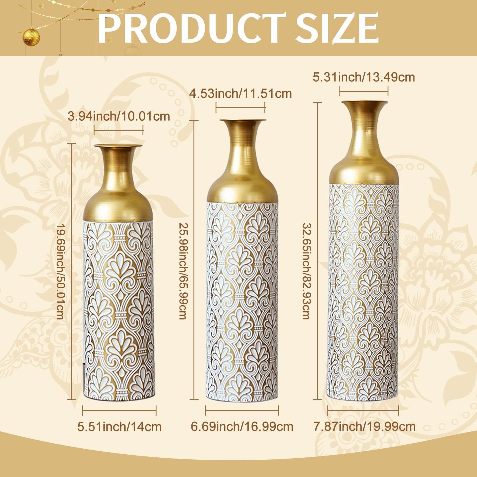 Gold White Metal Vase Set of 3, Tall Decorative Cylinder Flower Vases with Embossed Pattern, Modern Luxury Table Centerpiece for Living Room Home Decor, Shelf Mantel Fireplace Ornaments image 2