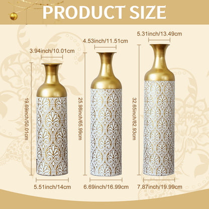 Gold White Metal Vase Set of 3, Tall Decorative Cylinder Flower Vases with Embossed Pattern, Modern Luxury Table Centerpiece for Living Room Home Decor, Shelf Mantel Fireplace Ornaments image 2
