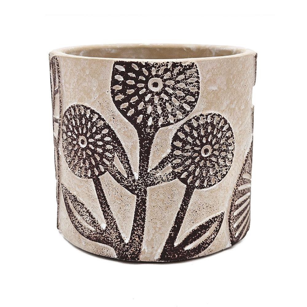 Set of 4 4.3x4.3x4" Gray Sand and Cement Planters with Brown Botanical Motifs image 9