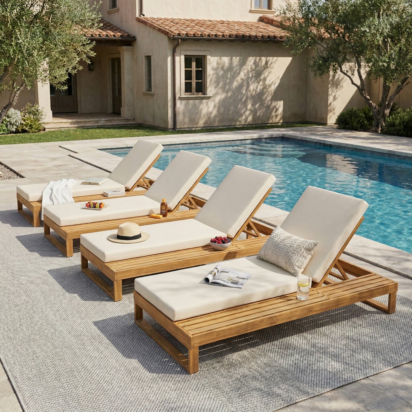 Teak Finish Acacia Wood Chaise Lounge with 4-Inch Cream 2-Fold Cushion Set, 4-Position Adjustable Outdoor Patio Lounger with Flat Side Surface, for Poolside - Matching dark grey version available image 10