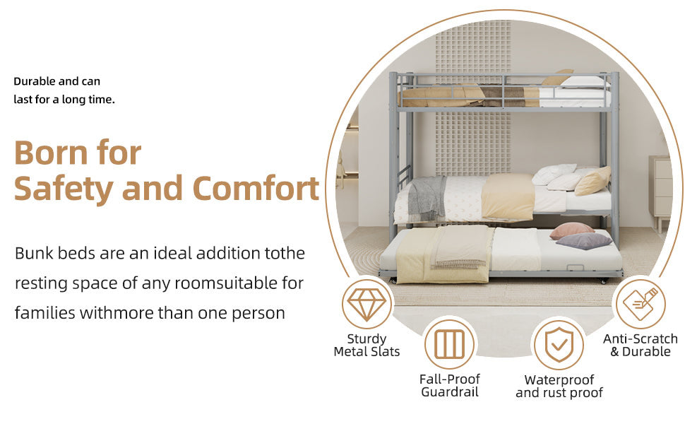Silver Twin Metal Triple Bunk Bed Frame – Versatile Convertible 3-in-1 Design, Heavy-Duty Steel, Sleek Silver Finish, Ideal for Dorms/Guest Rooms image 6