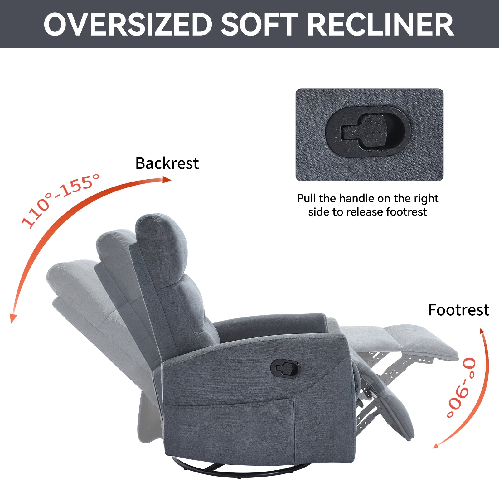 Manual Recliner Chair with Rocker and Swivel in Fabric for Living Room, Grey image 8