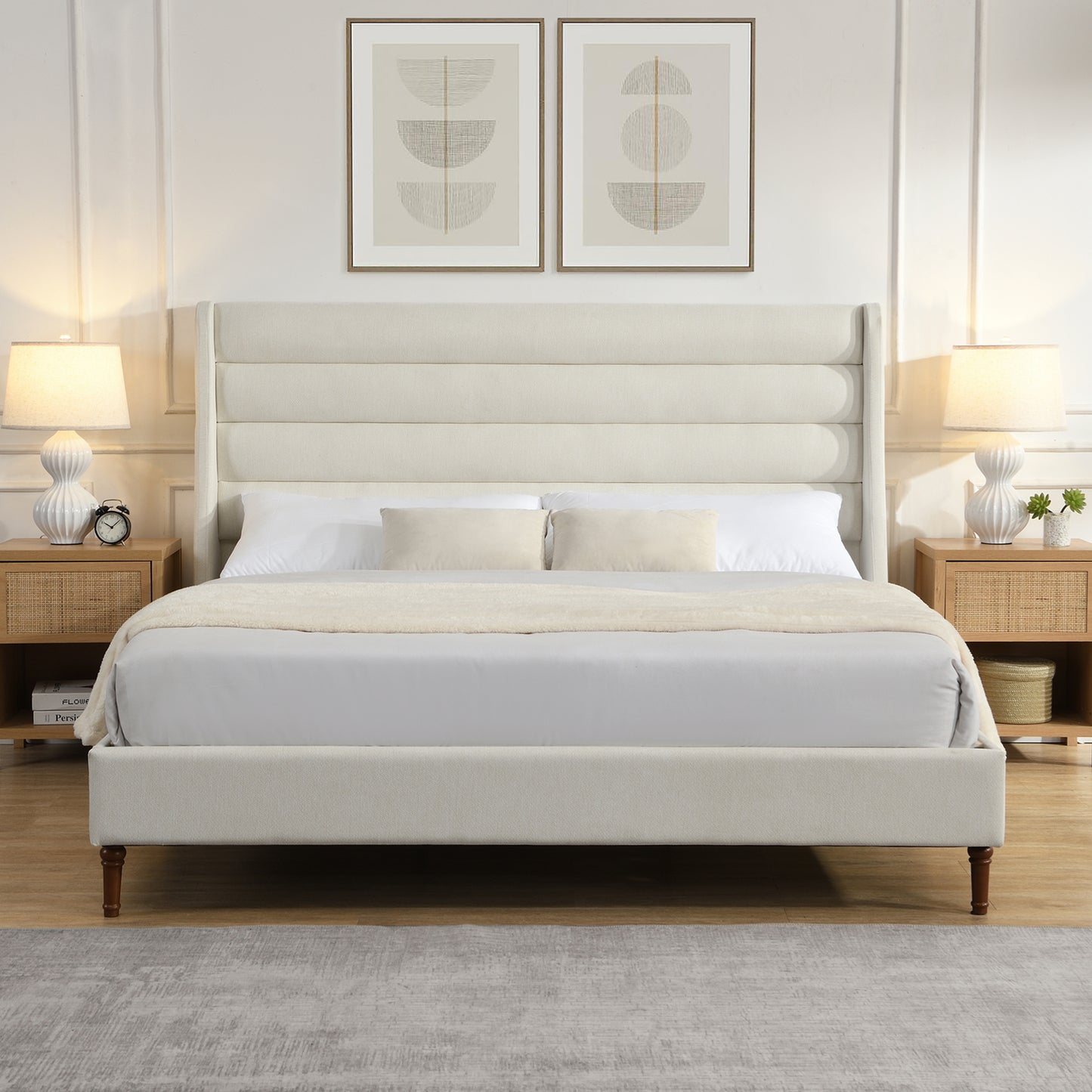 King Size Bed Frame High Headboard Upholstered Platform Bed with Wave - Shaped Headboard, Premium Chenille Fabric, Modern Minimalist Platform Bed No Box Spring Needed, Easy Assembly, Ivory image 1