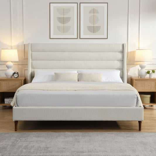 King size upholstered platform bed with high wave headboard in ivory chenille fabric - front view
