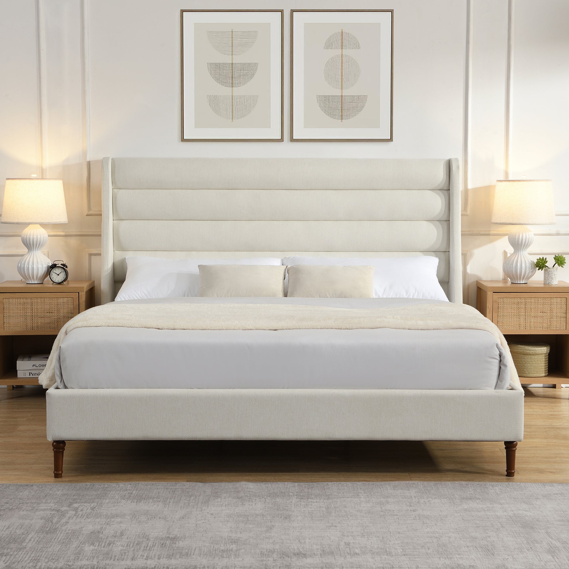 King Size Bed Frame High Headboard Upholstered Platform Bed with Wave - Shaped Headboard, Premium Chenille Fabric, Modern Minimalist Platform Bed No Box Spring Needed, Easy Assembly, Ivory image 1
