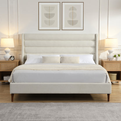King Size Bed Frame High Headboard Upholstered Platform Bed with Wave - Shaped Headboard, Premium Chenille Fabric, Modern Minimalist Platform Bed No Box Spring Needed, Easy Assembly, Ivory image 1