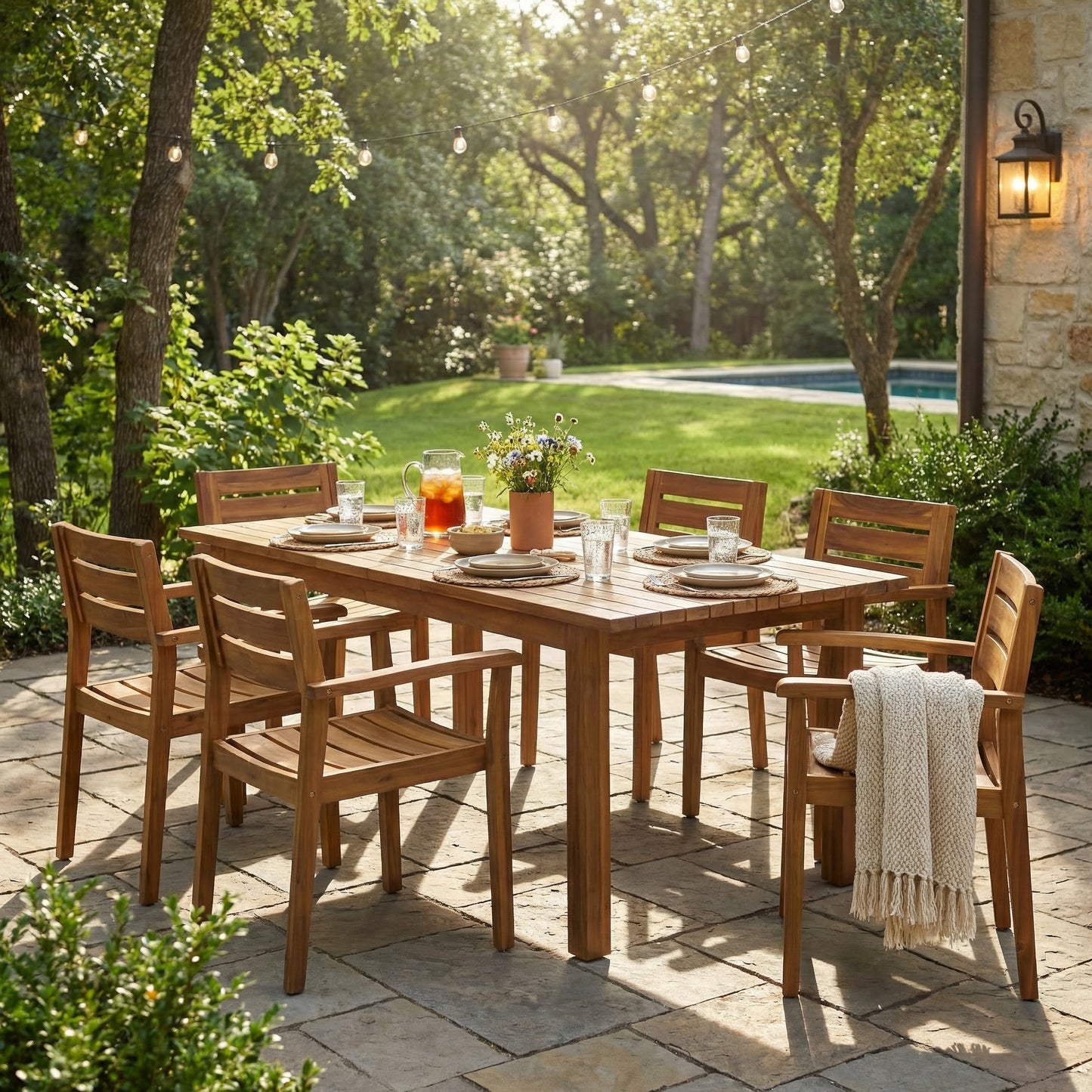 7 Pieces Acacia Wood Outdoor Dining Set s,Modern 6 Chairs 1 Large Table,Dining Furniture Set for Lawn, Backyard, Garden Deck,Poolside,Teak image 2