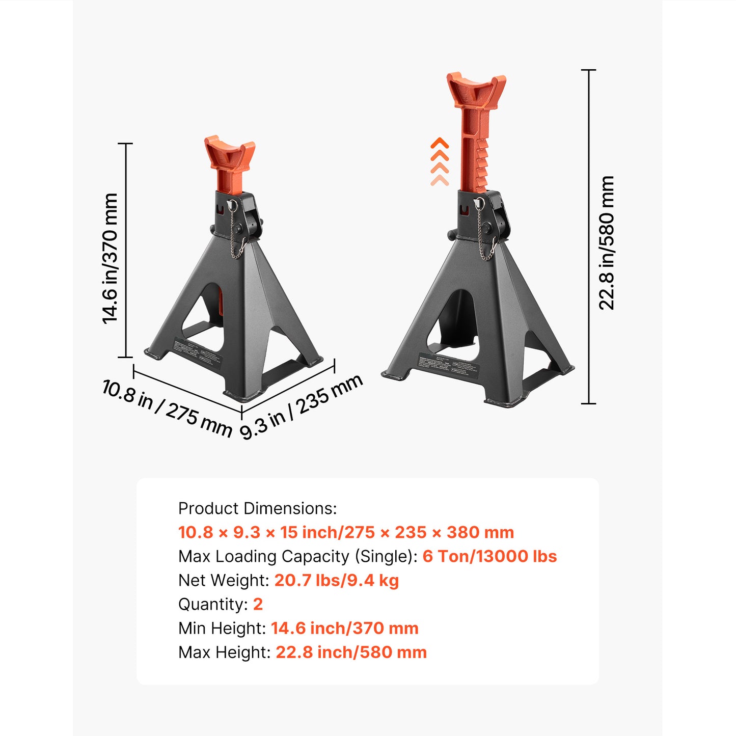 Jack Stands, 6 Ton (13,000 lbs) Capacity, 14.6-22.8 in Adjustable Height, Heavy Duty Steel Jack Auto Stands with Double Locking, for Lifting RV, Small Truck, Car, SUV, 1 Pair, Black and Orange image 7