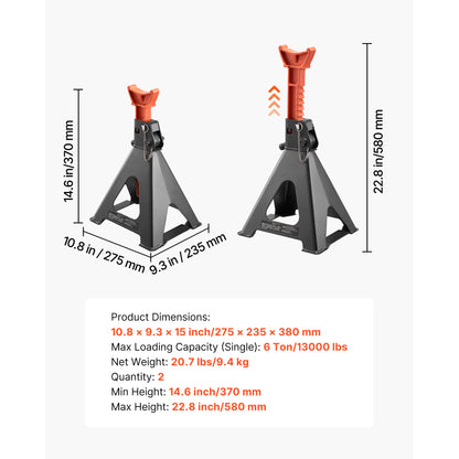 Jack Stands, 6 Ton (13,000 lbs) Capacity, 14.6-22.8 in Adjustable Height, Heavy Duty Steel Jack Auto Stands with Double Locking, for Lifting RV, Small Truck, Car, SUV, 1 Pair, Black and Orange image 7